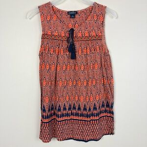 Lucky Brand Top Womens Medium Aztec Orange Blue Sleeveless Tassel Boho Shirt